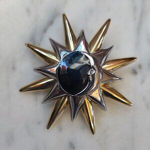 Gold Silver Tone Starburst Brooch Black Cabochon Celestial Sunburst Pin LC